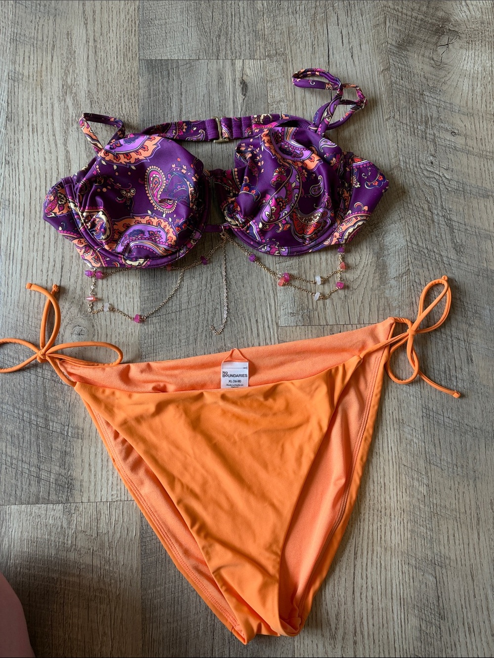 No Boundaries Purple Paisley Underwire Bikini Top with Orange Tie-Side Bottoms
